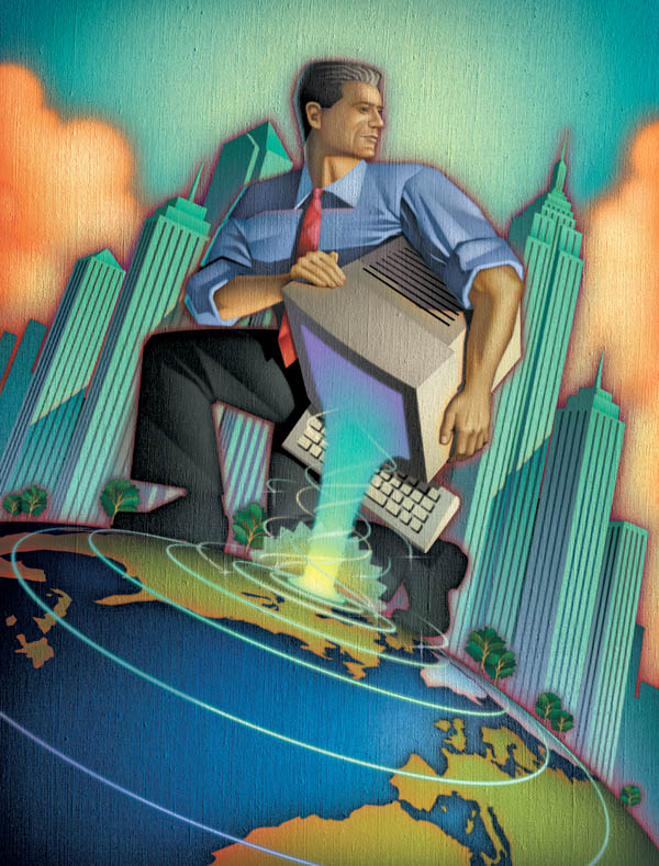 Conceptual-Business Man with Computer Earth Illustration